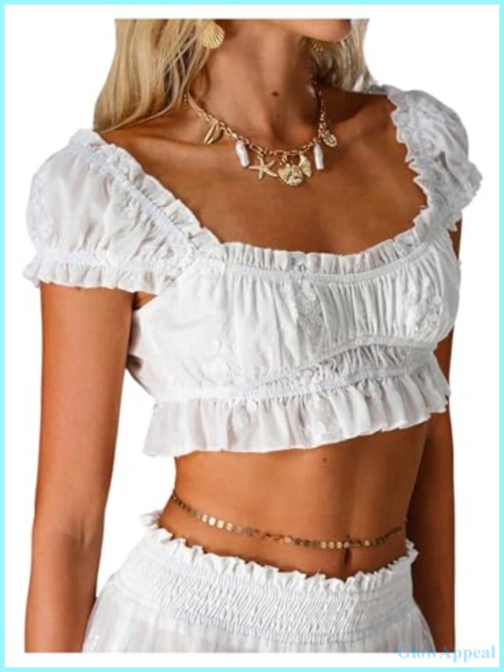 Floerns Women's Embroidery Puff Sleeve Square Neck Crop Top - Micro Ruffle